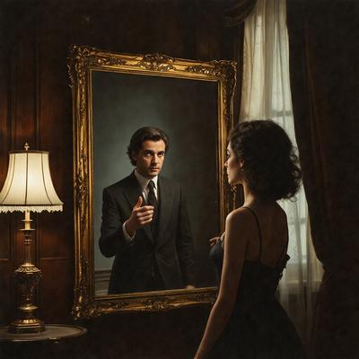 The primary subject of the image is a man wearing a suit and tie, standing in front of a mirror. He is pointing at his reflection, possibly making a gesture or giving a thumbs up. The setting is a room with a wooden surface, and the visual style appears to be a photo. The colors in the image are predominantly dark, creating a moody atmosphere.